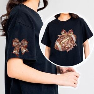 🏈 Sparkle & Spike: Gold Glitter Football Bow t-shirt. Touch down game ready